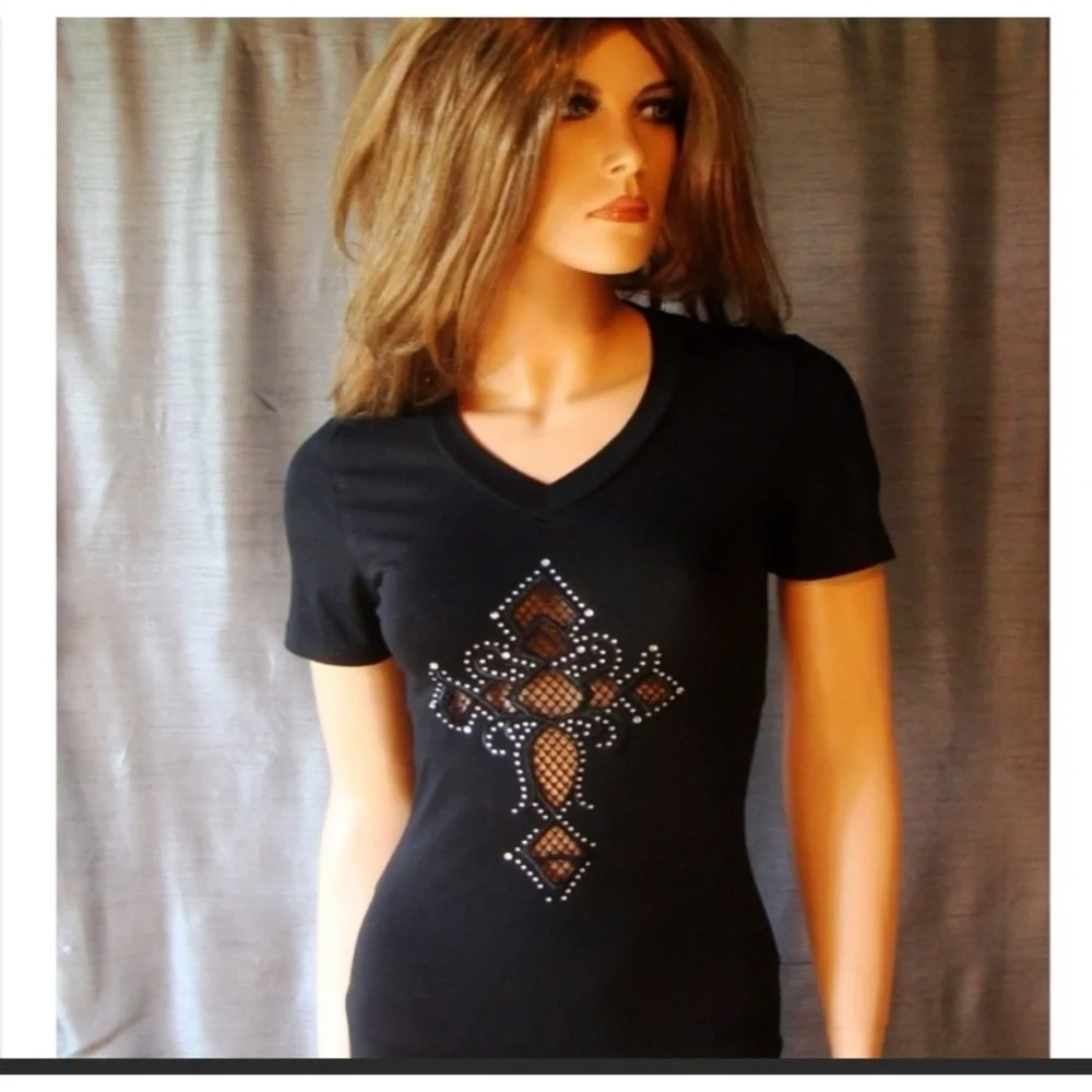 Tee Black Small Mesh See Through Cross Short Sleeve Rhinestones Biker Sexy NWT S - Picture 3 of 7
